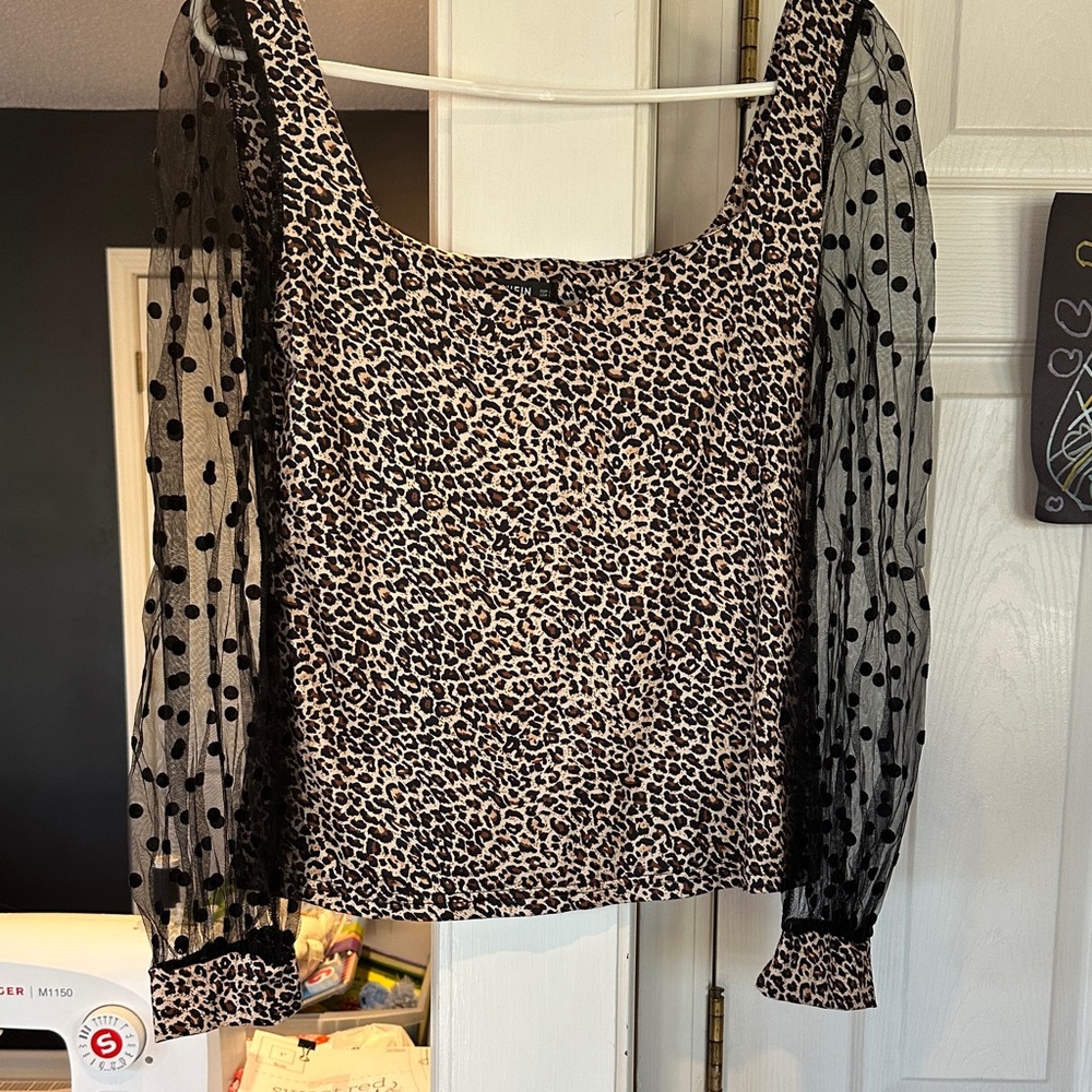 SHEIN Leopard Print Blouse with Sheer Polka Dot Sleeves